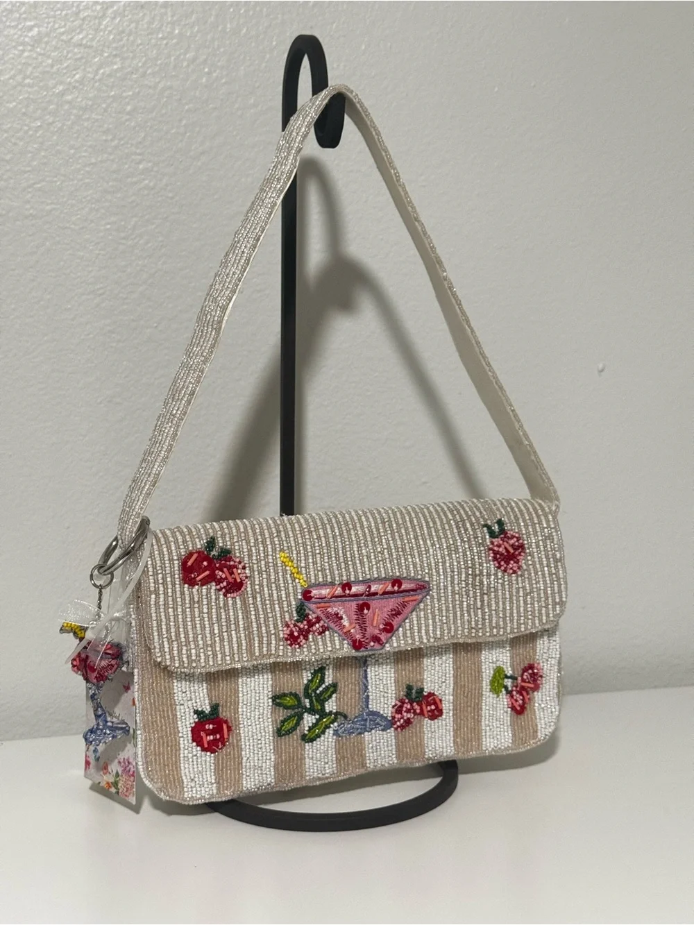 Beaded Cream Shoulder Bag with Fruit & Cocktail Motif
